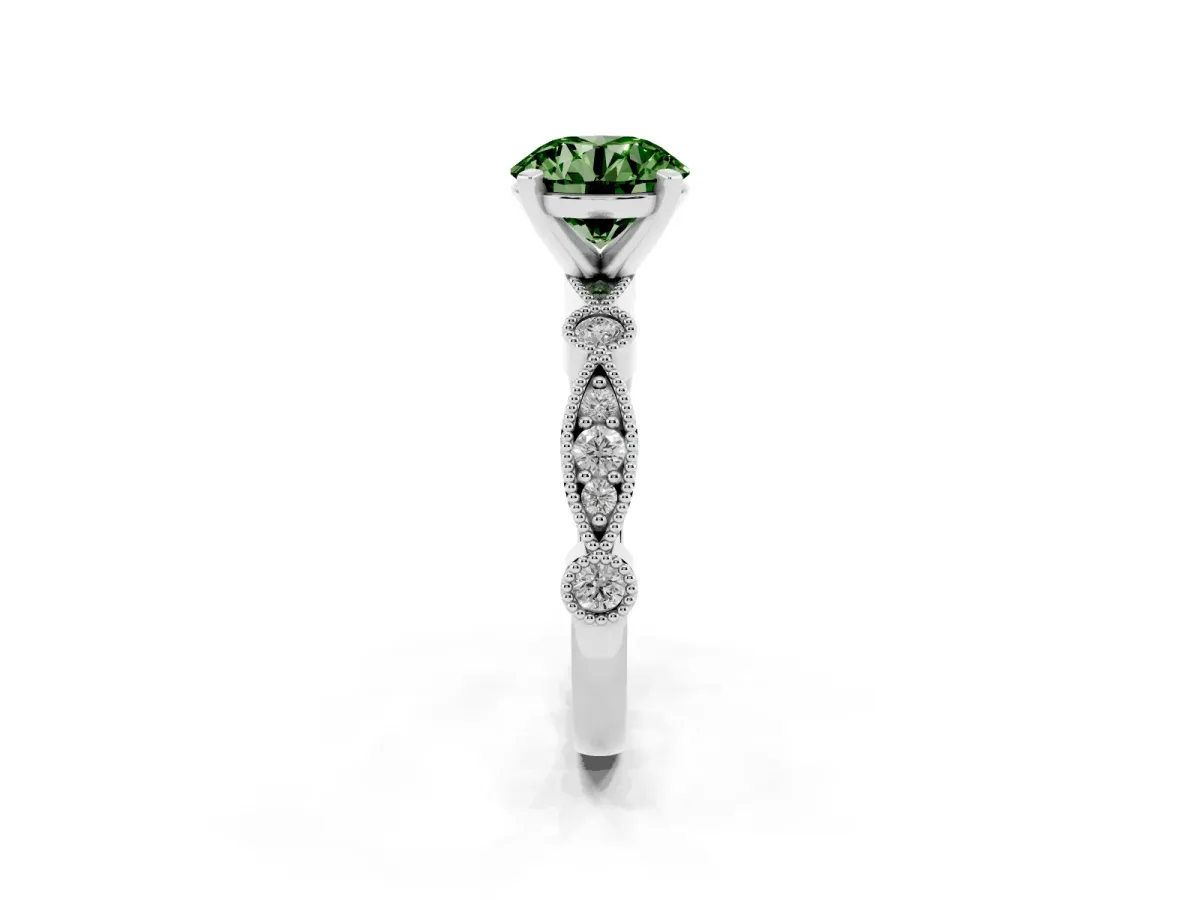 Fancy Green Round Cut Milgrain Bezel Diamond Engagement Ring with Solitaire Prong Setting Silver