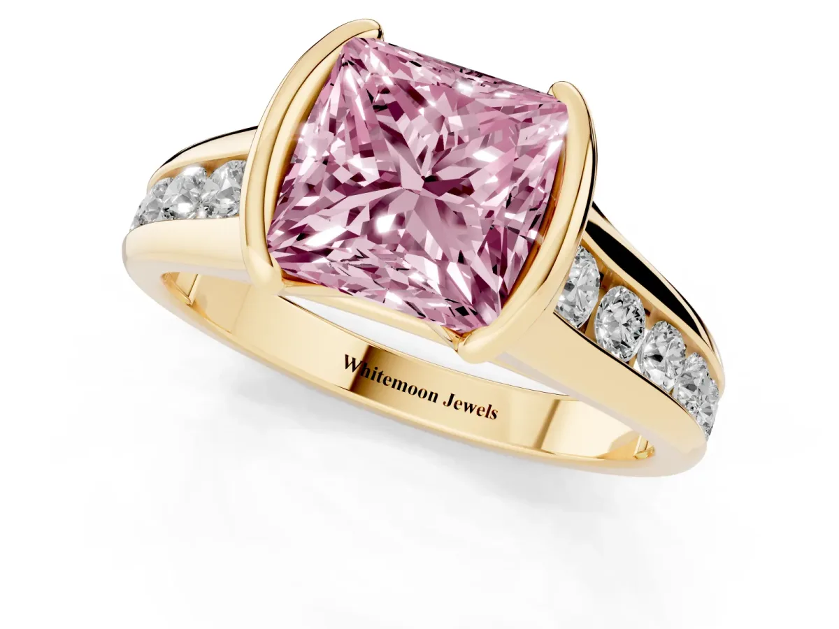 Fancy Pink Princess Cut Solitaire Bezel-Set Diamond Ring with Channel-Set Band Yellow gold