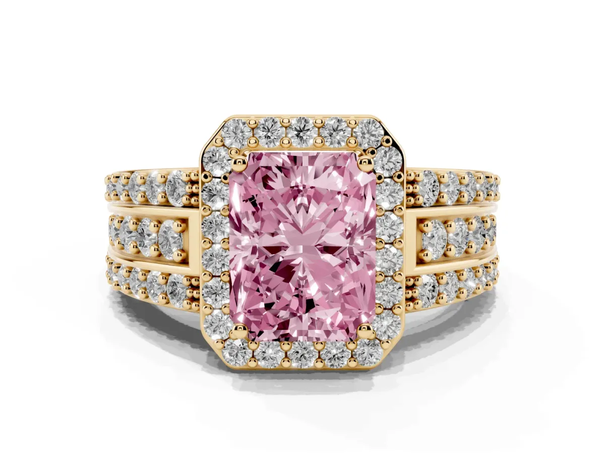 Fancy Pink Radiant Cut Halo Diamond Ring with Round Split Shank and Prong Setting Yellow gold