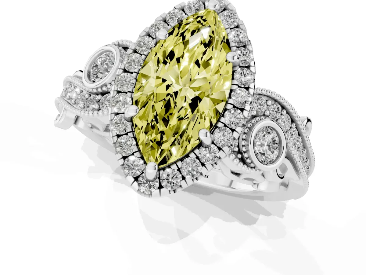 Fancy Yellow Marquise Cut Halo Diamond Ring with Milgrain and Bezel Accents on a Split Shank Band White gold