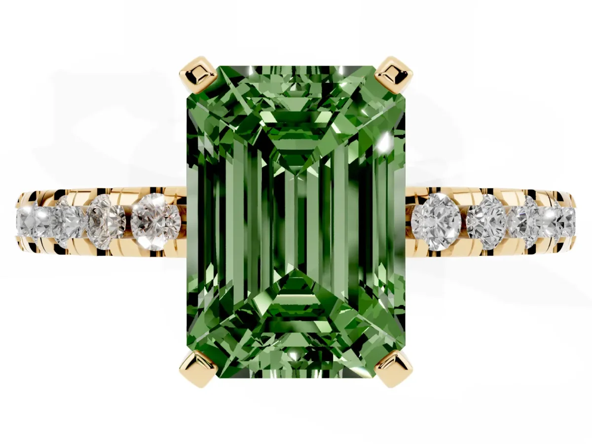 Fancy Green Emerald Cut Diamond Solitaire Ring with Round Pavé Band and Four-Prong Setting Yellow gold