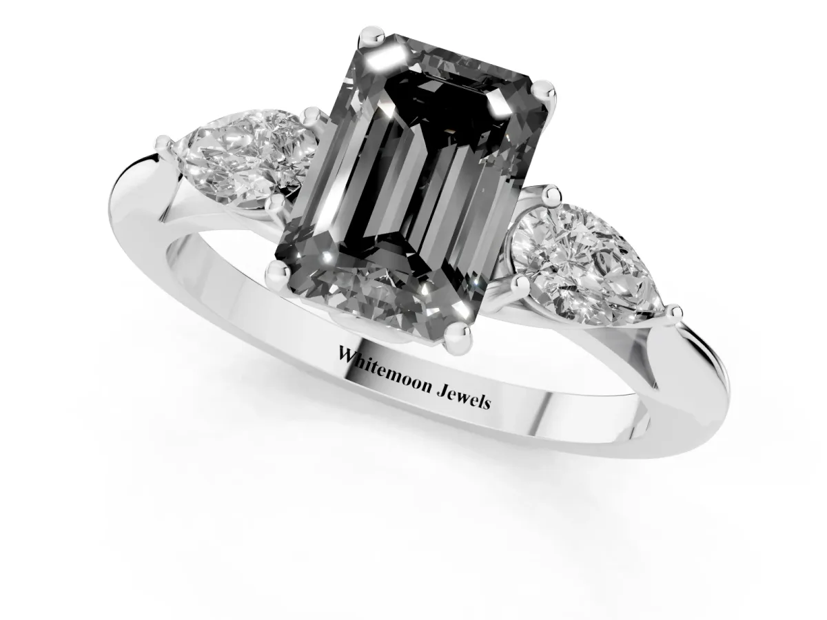 Fancy Black Emerald Cut Diamond Three-Stone Ring with Pear Side Stones and Prong Setting White gold