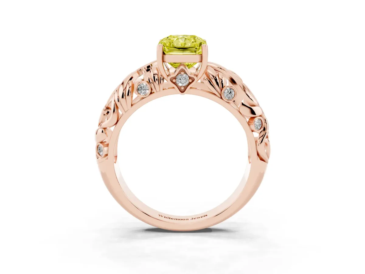 Fancy Yellow Radiant Cut Solitaire Diamond Leaf-Inspired Vine Band Ring with Prong Setting Rose gold