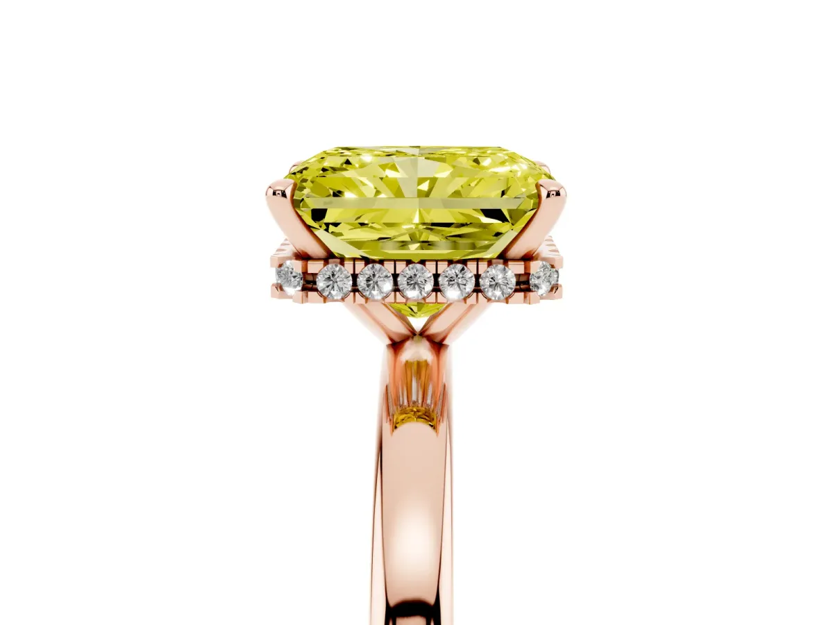Fancy Yellow Radiant Cut Solitaire Engagement Ring with Cathedral Band and Four-Prong Setting Rose gold