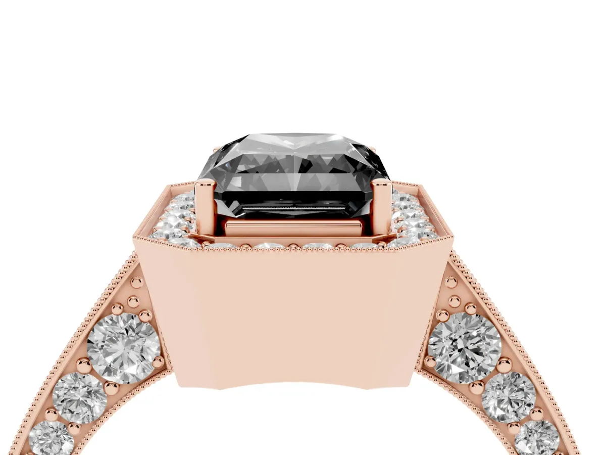 Fancy Black Radiant Cut Halo Diamond Engagement Ring with Split Shank Band and Four-Prong Setting Rose gold