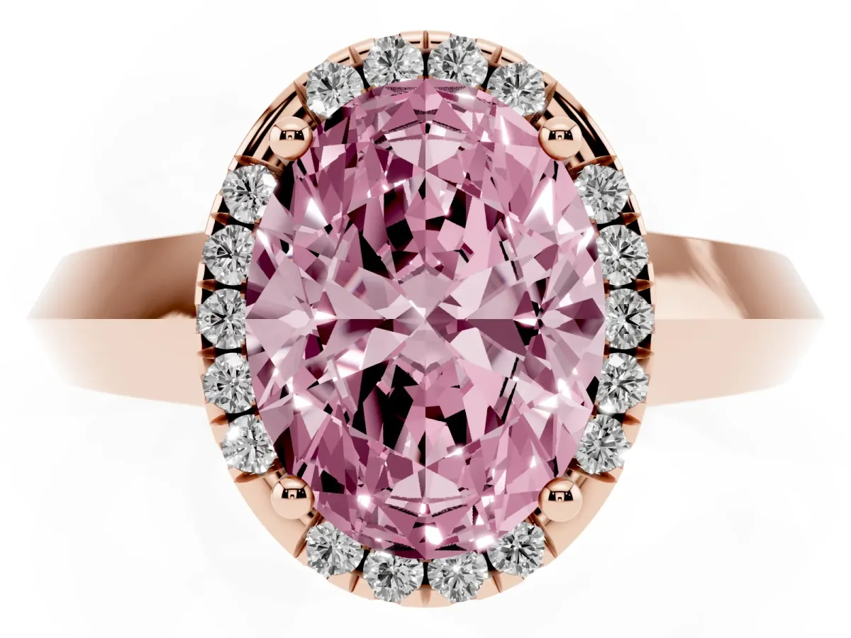 Fancy Pink Oval Cut Halo Diamond Ring with Cathedral Band and Four-Prong Setting Rose gold