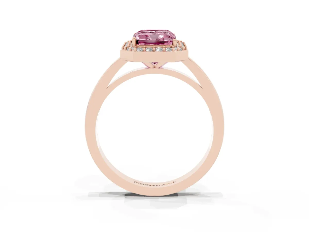 Fancy Pink Radiant Cut Halo Diamond Ring with Solitaire Band and Prong Setting Rose gold