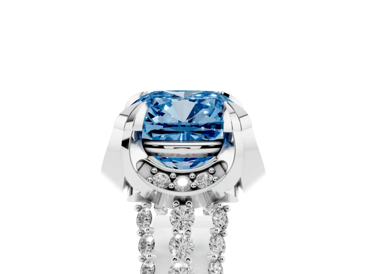 Fancy Blue Cushion Cut Solitaire Pave Split Shank Ring with Four-Prong Setting White gold