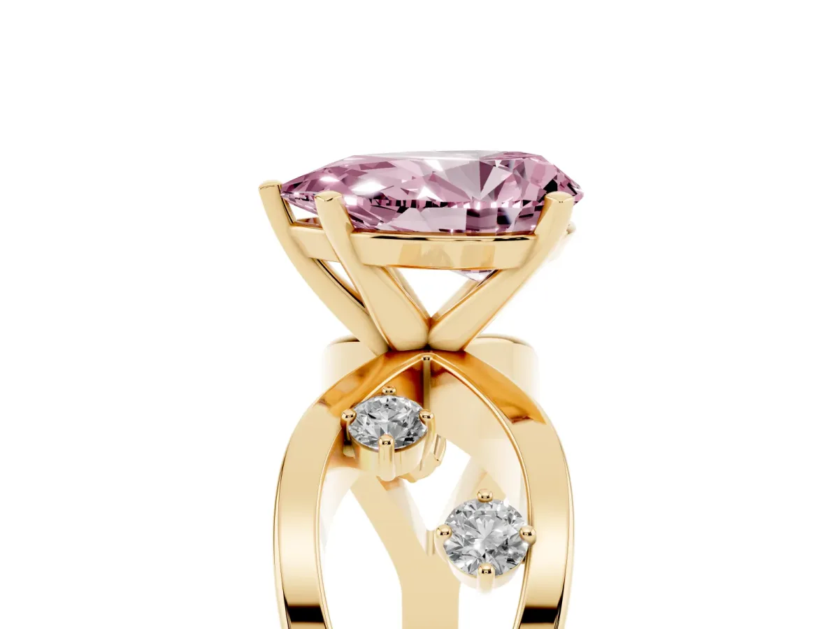 Fancy Pink Pear Cut Cut Solitaire Diamond with Side Stones on Criss-Cross Band and Four-Prong Setting Yellow gold
