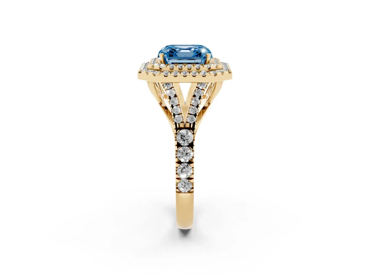 Fancy Blue Asscher Cut Diamond Pavé Split Shank Double Halo Engagement Ring Yellow gold