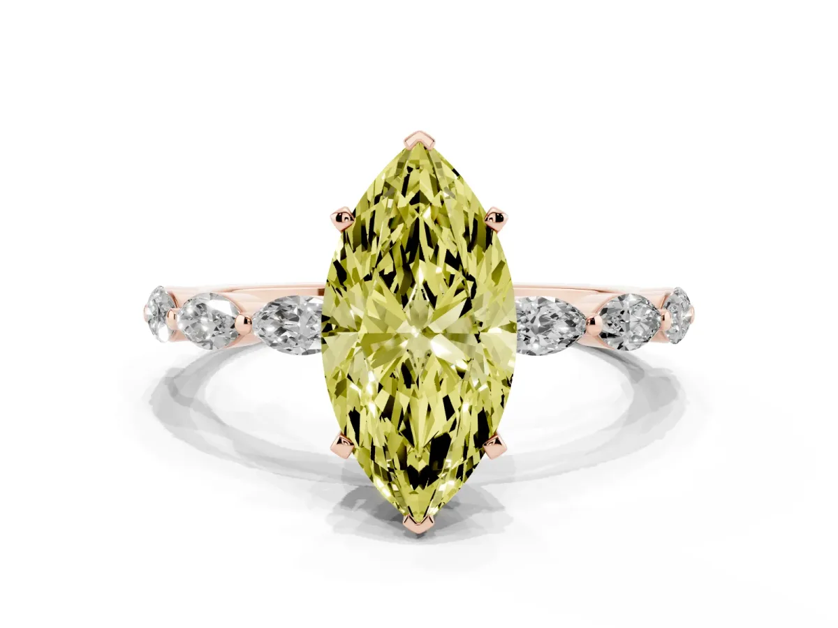 Fancy Yellow Marquise Cut Diamond Ring with Marquise Side Stones and Prong Setting Rose gold
