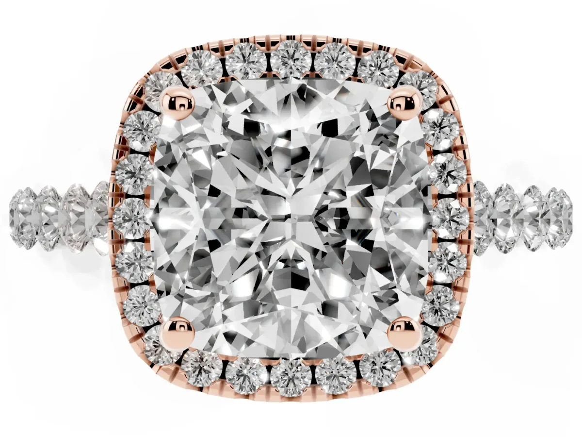 Cushion Cut Halo Pavé Diamond Engagement Ring with Four-Prong Setting Rose gold