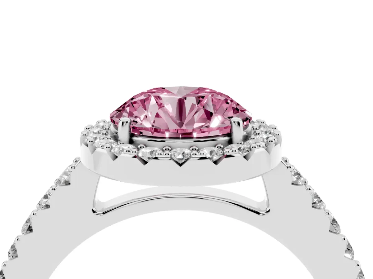 Fancy Pink Round Cut Halo Diamond Pavé Solitaire Ring Silver