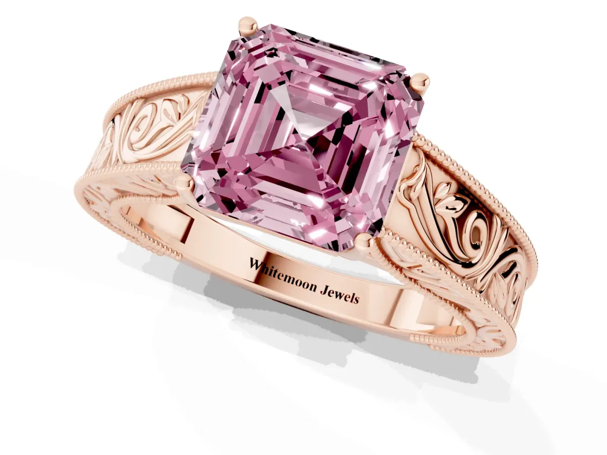 Fancy Pink Asscher Cut Diamond Solitaire Ring with Engraved Band and Four-Prong Setting Rose gold
