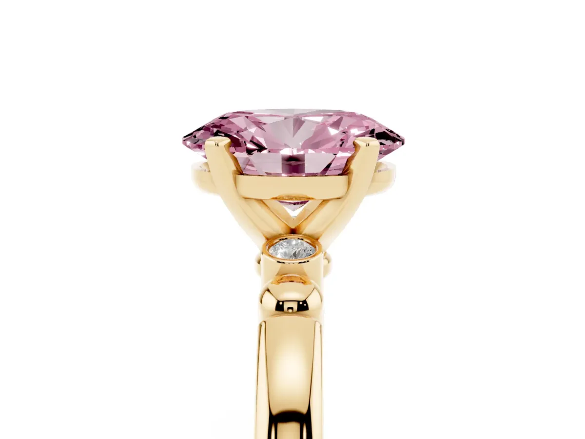 Fancy Pink Oval Cut Solitaire Beaded Band with Four-Prong Setting Yellow gold
