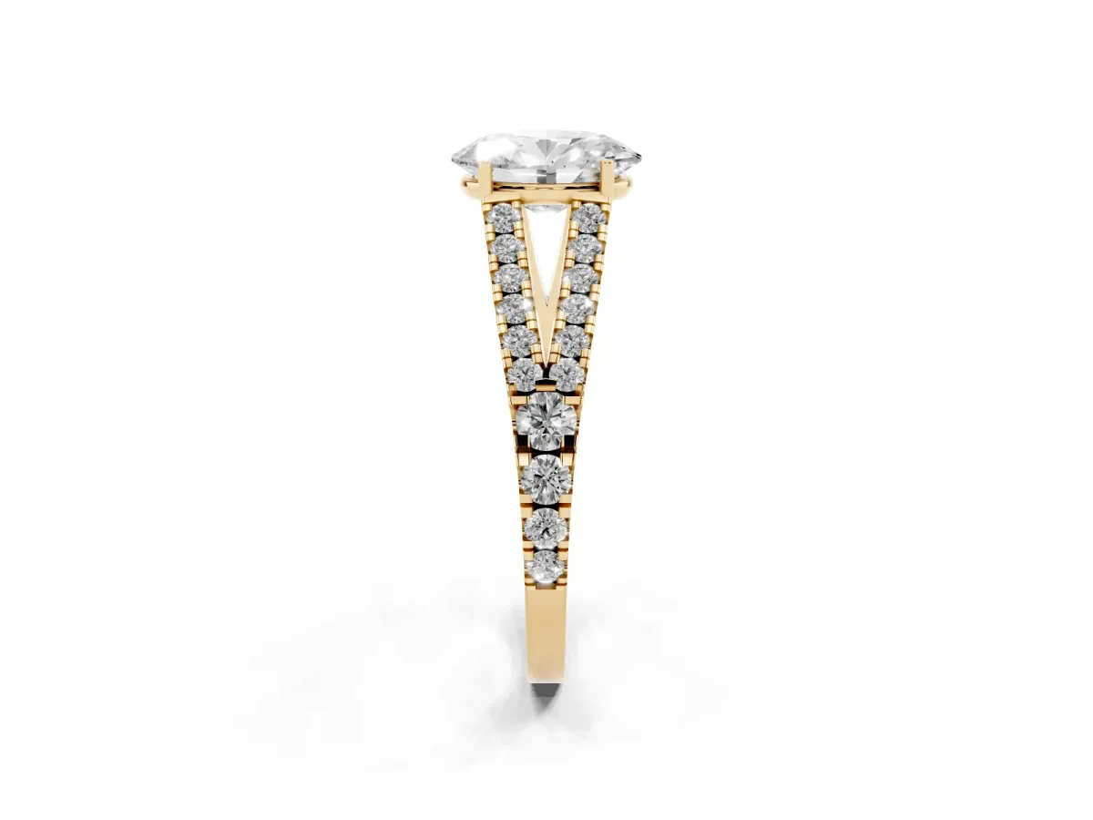 Oval Cut Diamond Split Shank Engagement Ring with Round Pavé and Prong Setting Yellow gold