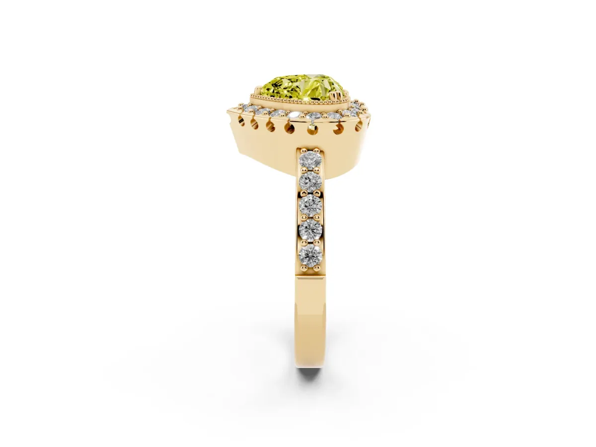 Fancy Yellow Heart Cut Diamond Halo Ring with Pavé Band and Prong Setting Yellow gold