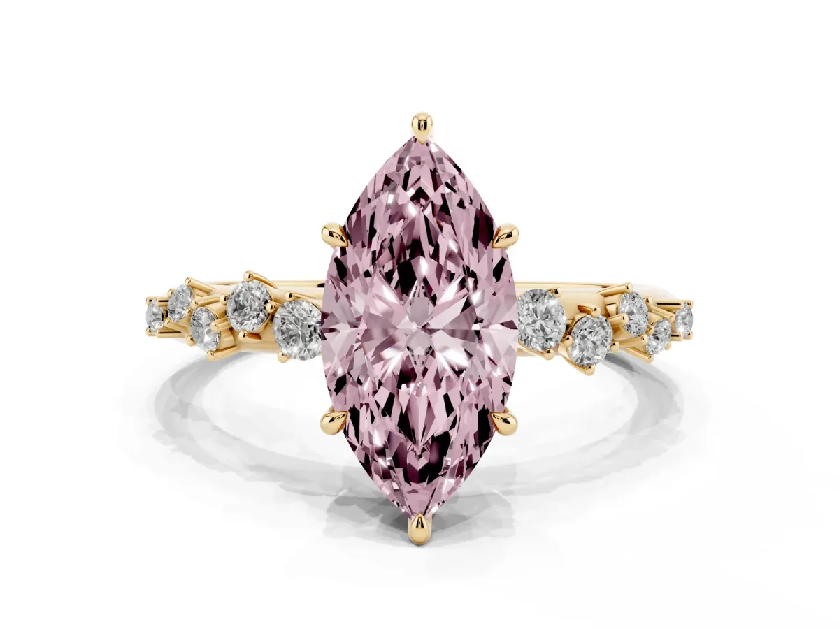 Fancy Pink Marquise Cut Diamond Cluster Side Stone Solitaire Ring with Prong Setting Yellow gold