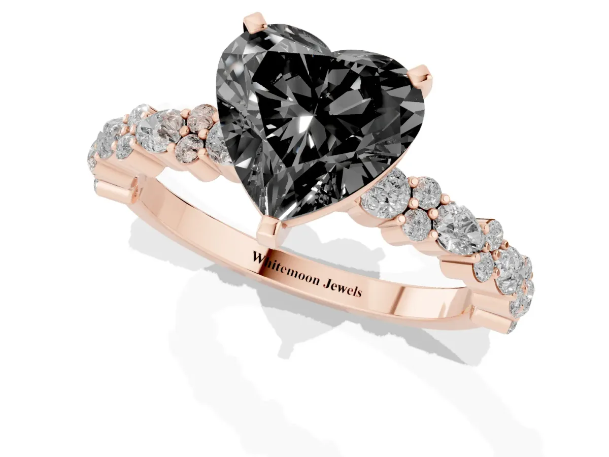 Fancy Black Heart Cut Diamond Side Stone Solitaire Ring with Round and Four-Prong Setting Rose gold