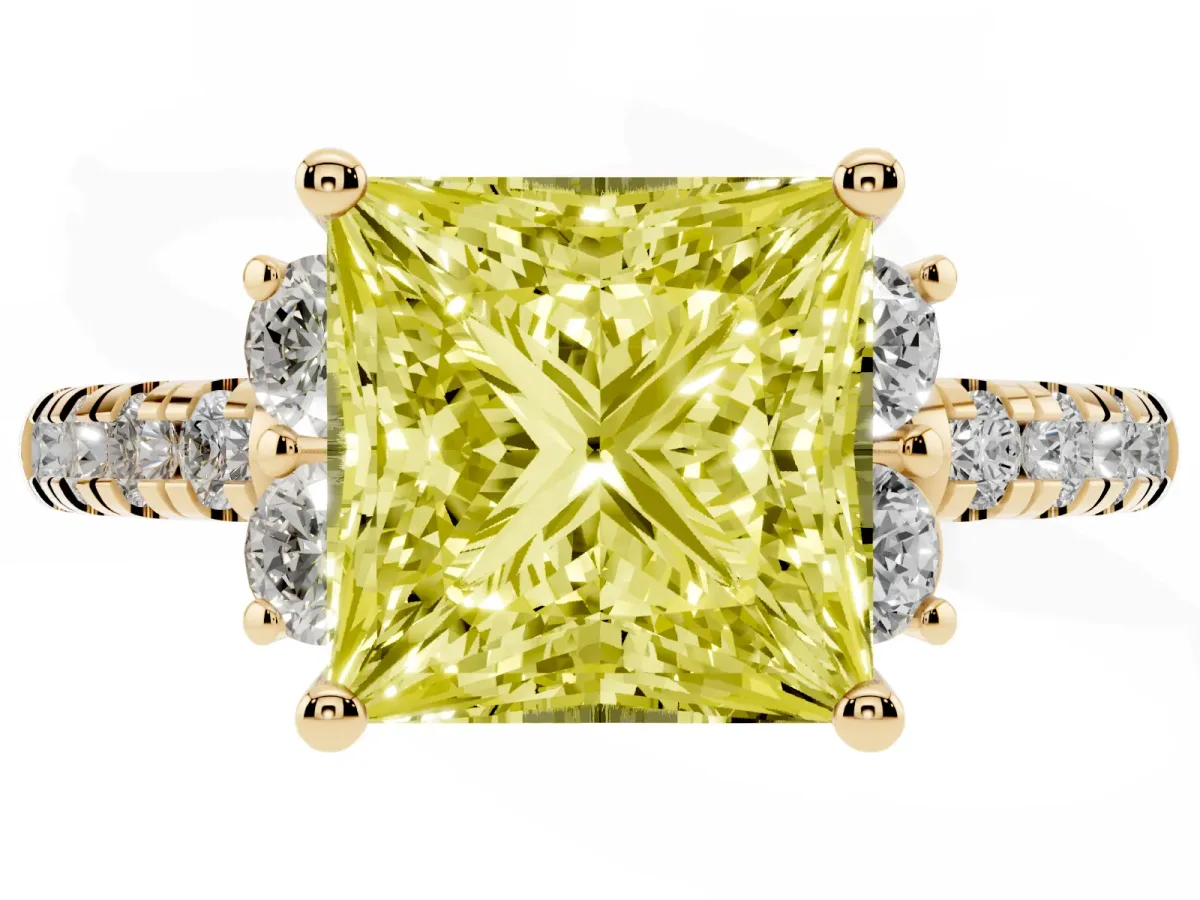 Fancy Yellow Princess Cut Diamond Three-Stone Pave Band with Four-Prong Setting Yellow gold