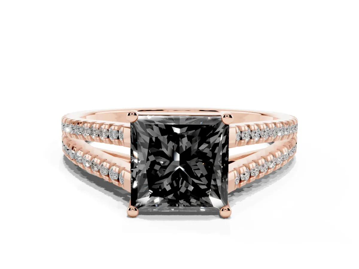 Fancy Black Princess Cut Diamond Solitaire Engagement Ring with Split Shank Pavé Band Rose gold