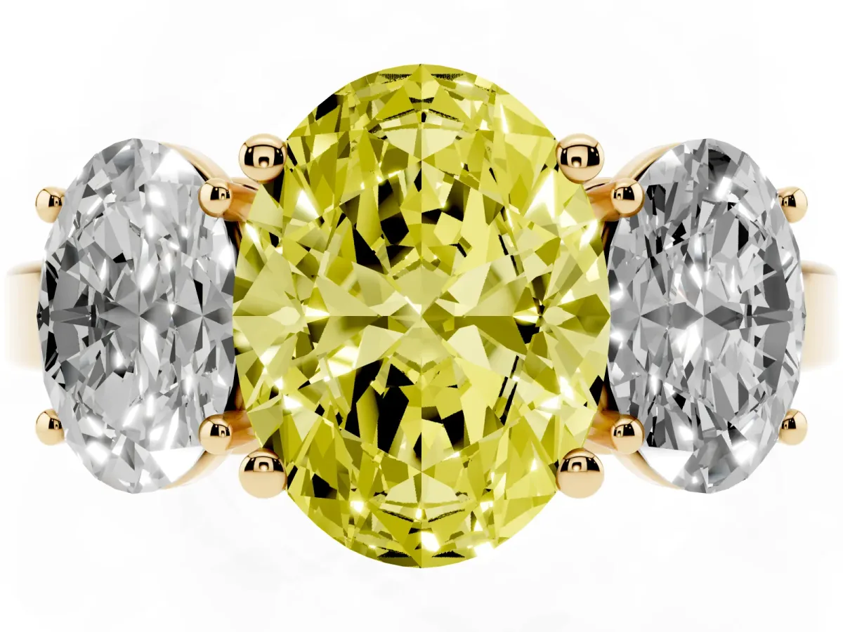 Fancy Yellow Three-Stone Oval Cut Cut Diamond Engagement Ring with Flat Band and Four-Prong Setting Yellow gold