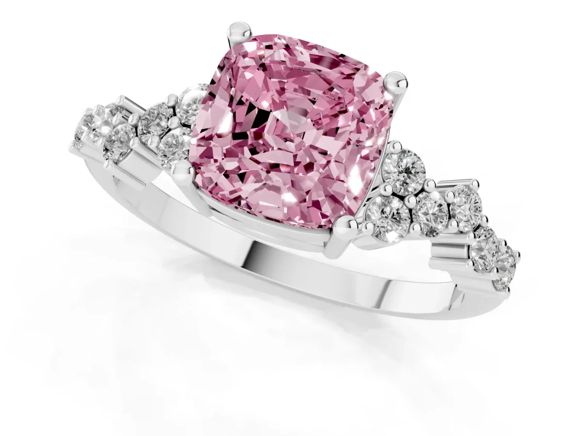 Fancy Pink Cushion Cut Diamond Scattered Round Accent Ring with Prong Setting White gold