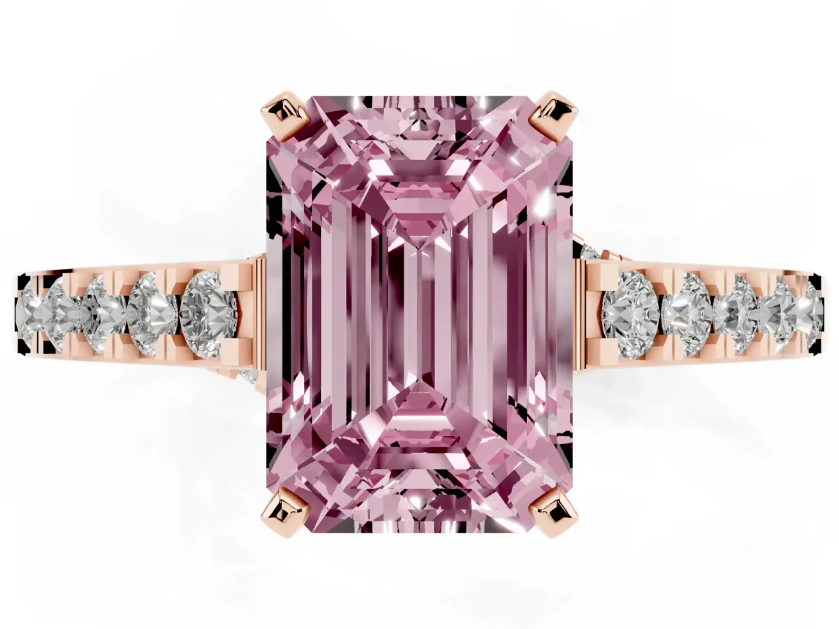 Fancy Pink Emerald Cut Diamond Solitaire Ring with Crossover Gallery and Round Pavé Band Rose gold