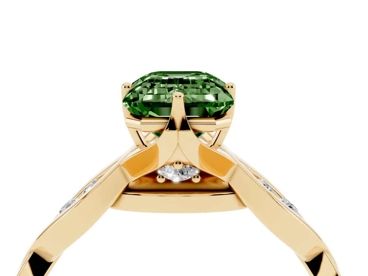 Fancy Green Emerald Cut Solitaire Twist Band with Leaf Prong Setting Yellow gold