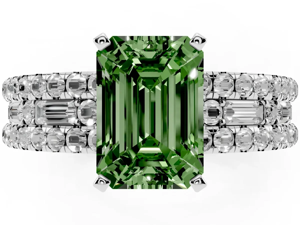 Fancy Green Emerald Cut Diamond Solitaire Ring with Pavé and Channel Set Band White gold