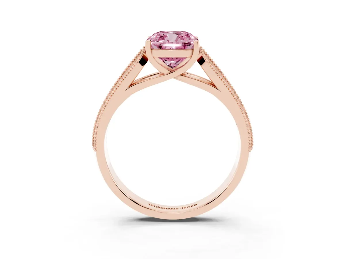 Fancy Pink Cushion Cut Cut Pave Split Shank Engagement Ring with Four-Prong Setting Rose gold