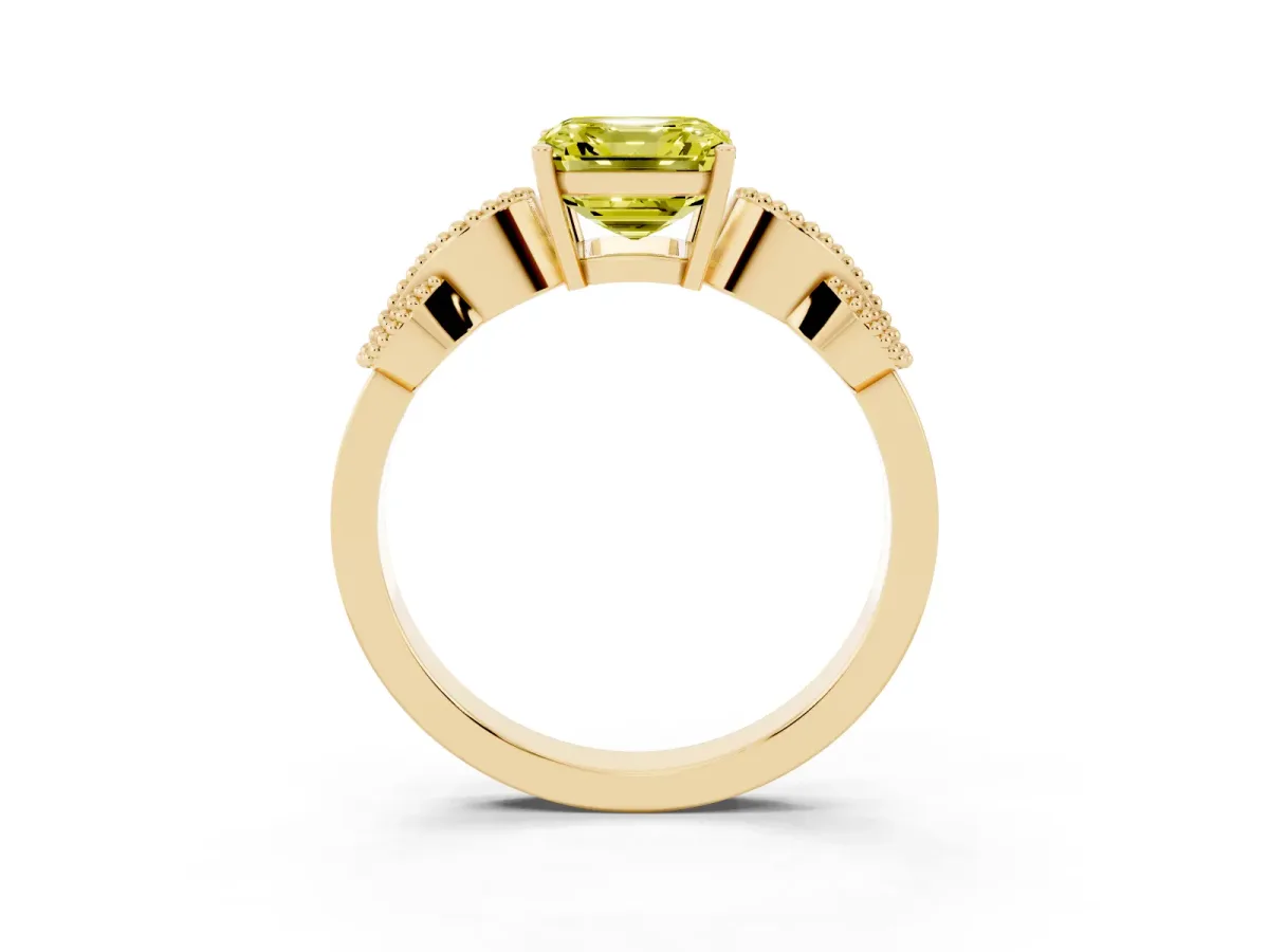 Fancy Yellow Asscher Cut Solitaire Milgrain Leaf Band with Prong Setting Yellow gold