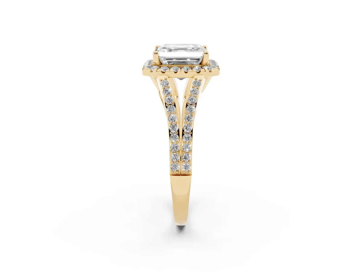 Asscher Cut Halo Split Shank Diamond Ring with Prong Setting Yellow gold