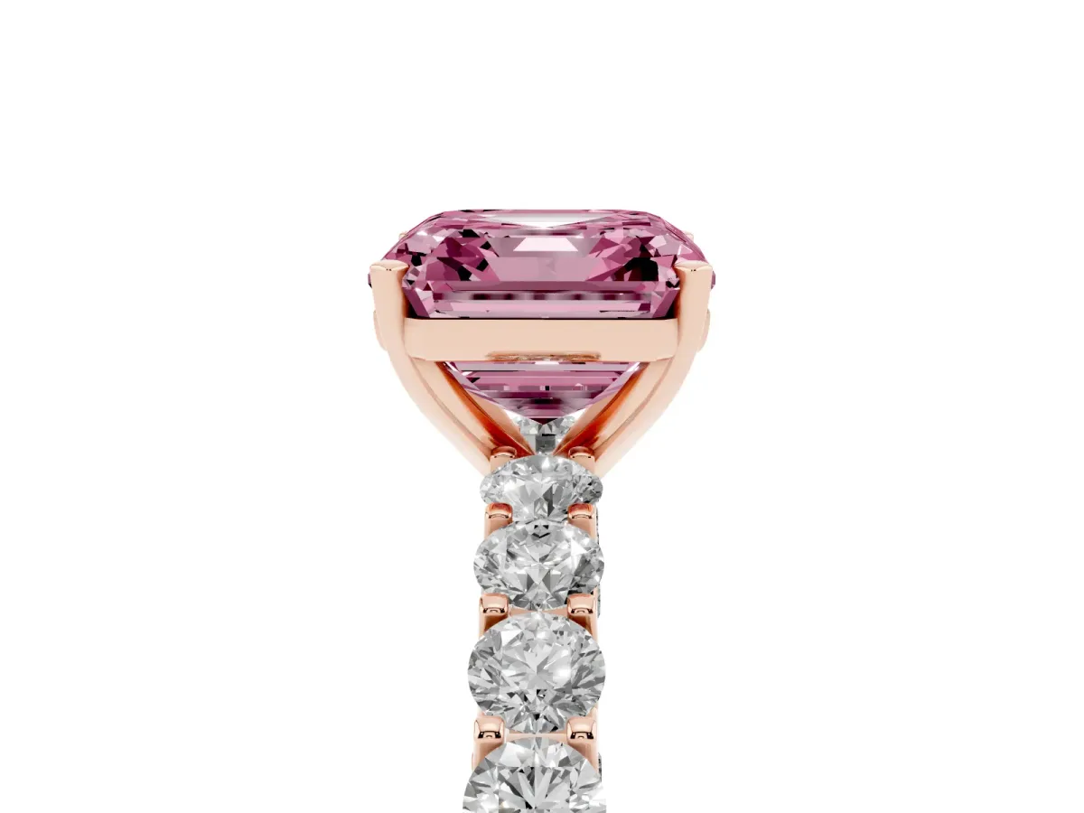 Fancy Pink Asscher Cut Diamond Solitaire Ring with Shared Prong Pavé Band and Four-Prong Setting Rose gold