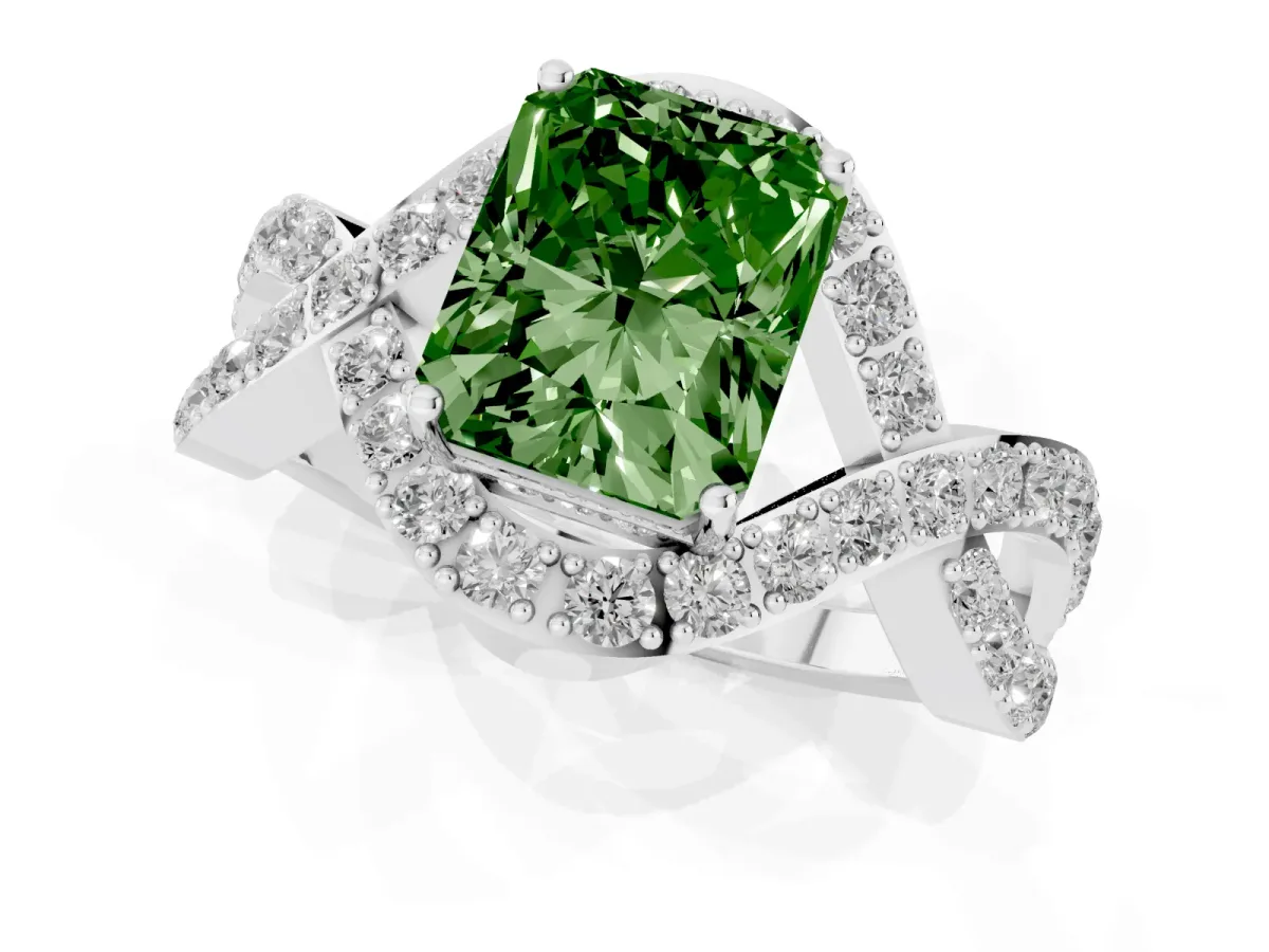 Fancy Green Radiant Cut Solitaire Twist Band Pavé Diamond Engagement Ring Platinum