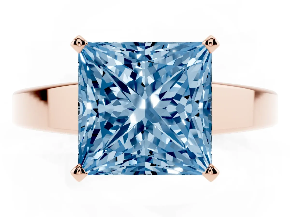 Fancy Blue Princess Cut Solitaire Engagement Ring with Four-Prong Setting and Tapered Band Rose gold