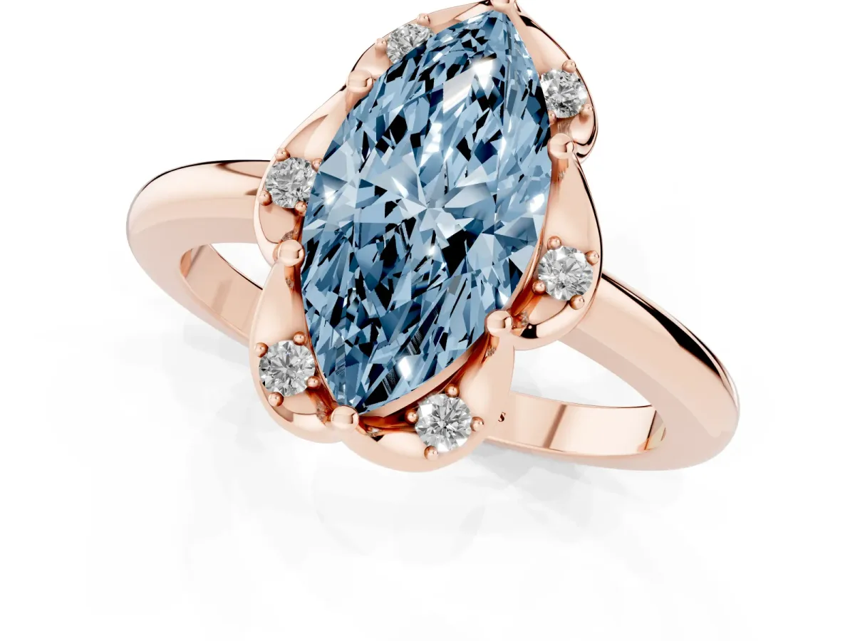 Fancy Blue Marquise Cut Halo Diamond Ring with Round Cluster Setting, Solitaire Band, and Four-Prong Setting Rose gold