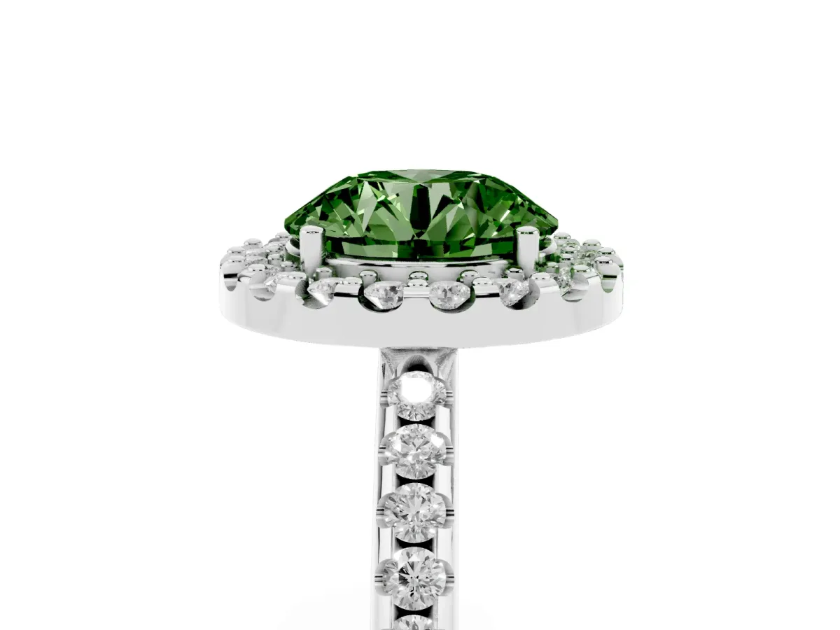 Fancy Green Round Cut Diamond Pavé Halo Ring with Four-Prong Setting Platinum