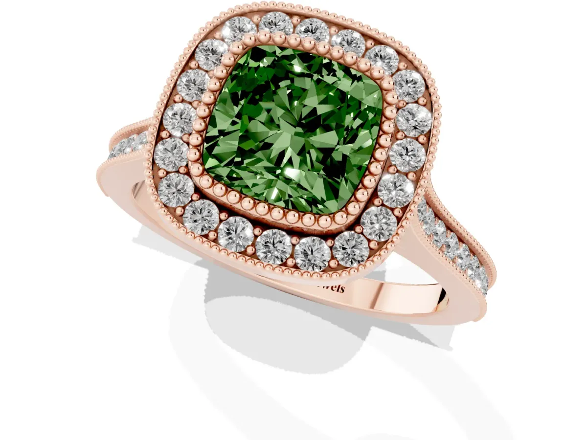Fancy Green Cushion Cut Diamond Halo Ring with Milgrain Frame and Pavé Band Rose gold