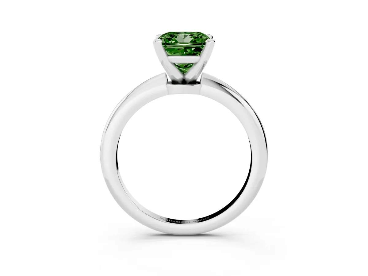 Fancy Green Princess Cut Diamond Solitaire Ring with Prong Setting and Classic Band Silver