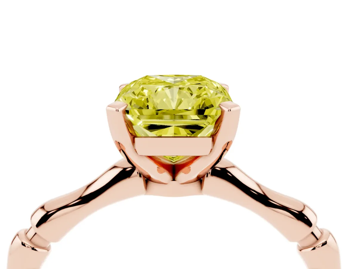 Fancy Yellow Radiant Cut Solitaire Diamond Ring with Bamboo Band and Four-Prong Setting Rose gold
