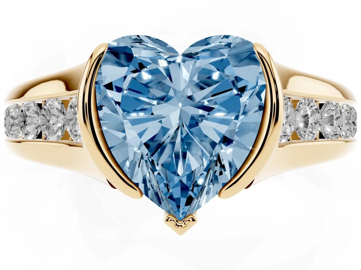 Fancy Blue Heart Cut Solitaire Bezel-Set Diamond Ring with Channel-Set Band Yellow gold
