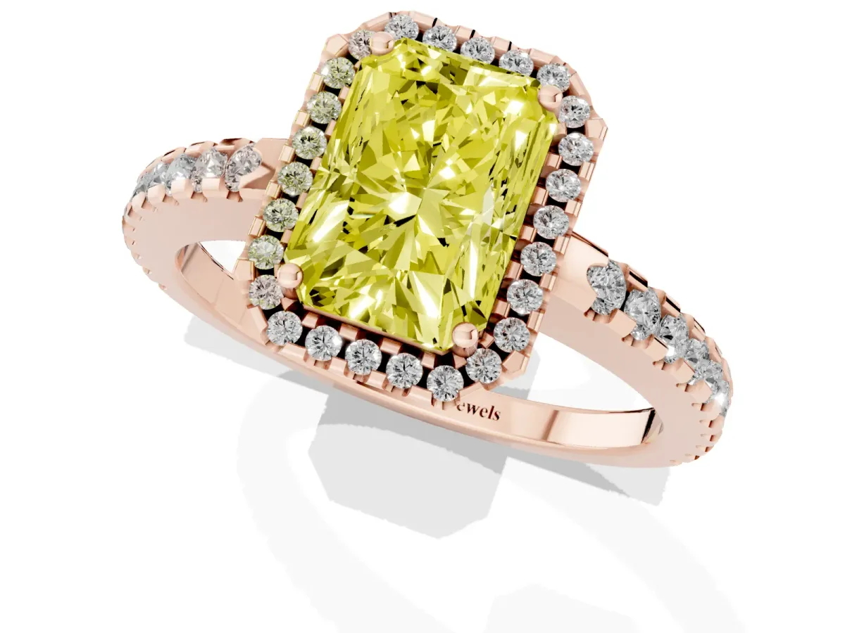 Fancy Yellow Radiant Cut Diamond Halo Engagement Ring with Pavé Band and Prong Setting Rose gold