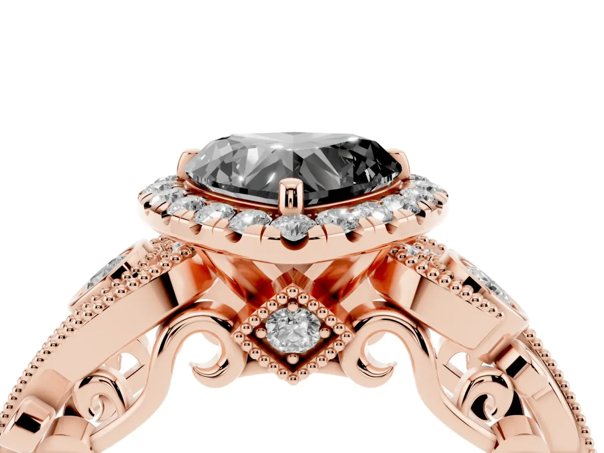 Fancy Black Heart Cut Halo Diamond Ring with Milgrain and Bezel Accents on a Split Shank Band Rose gold