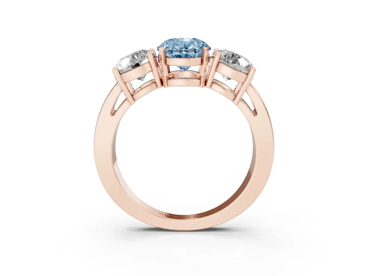 Fancy Blue Three-Stone Oval Cut Diamond Ring with Round Side Stones, Classic Band, and Four-Prong Setting Rose gold