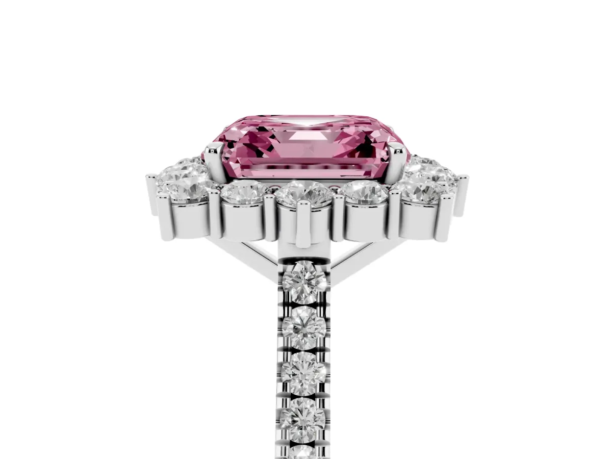 Fancy Pink Asscher Cut Halo Diamond Ring with Pavé Band and Prong Setting Silver