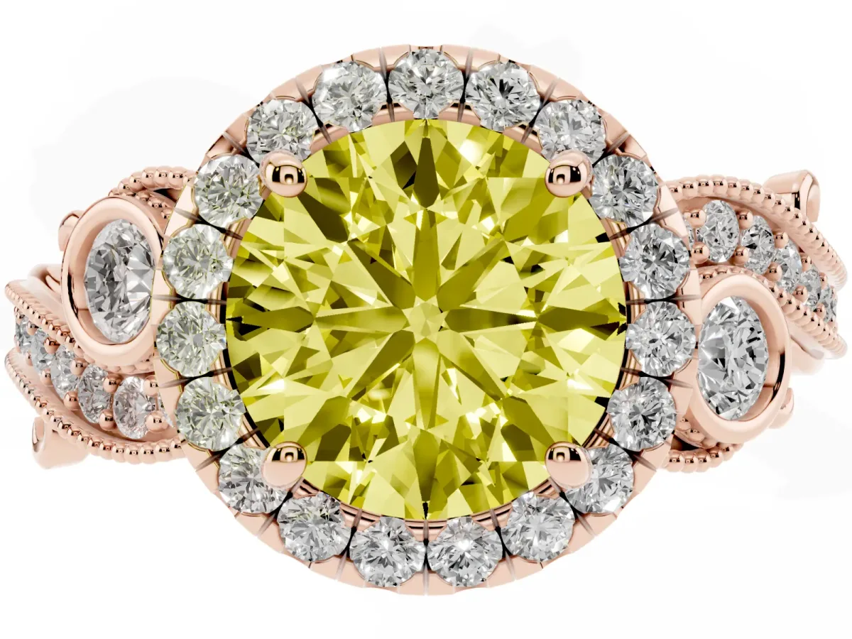 Fancy Yellow Round Cut Diamond Halo Ring with Milgrain Pavé Band and Four-Prong Setting Rose gold