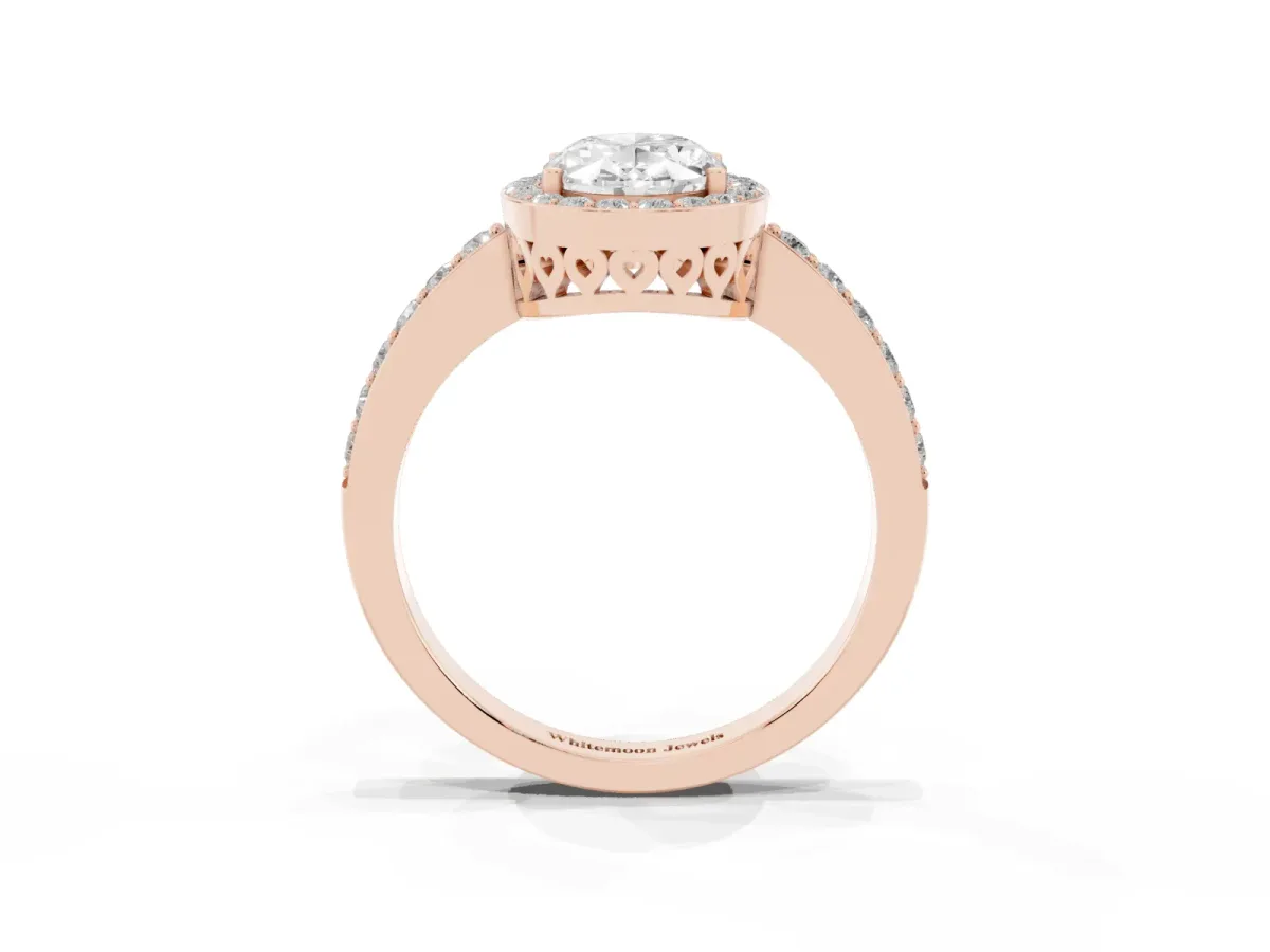 Oval Cut Halo Diamond Pavé Band Ring with Prong Setting Rose gold