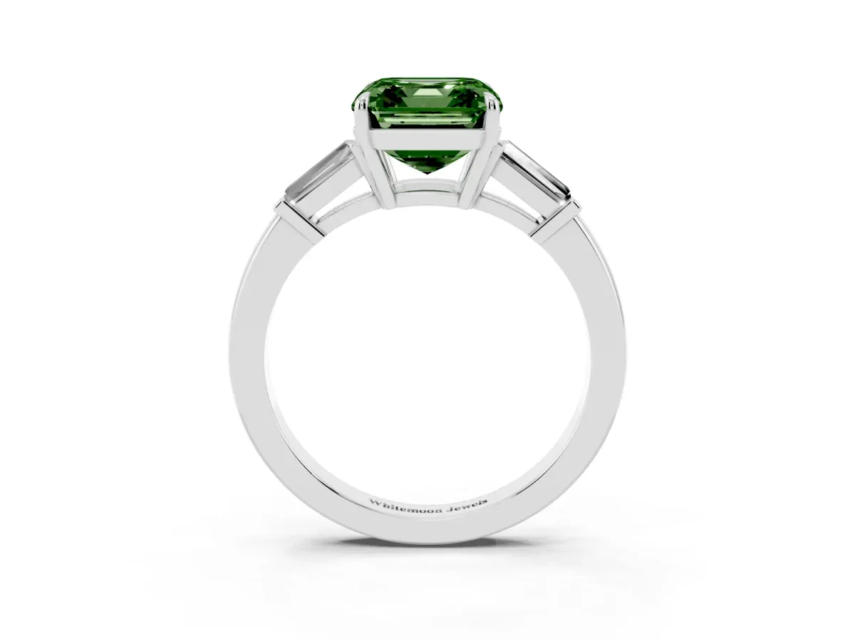 Fancy Green Asscher Cut Diamond Three-Stone Ring with Tapered Baguette Side Stones and Prong Setting Silver