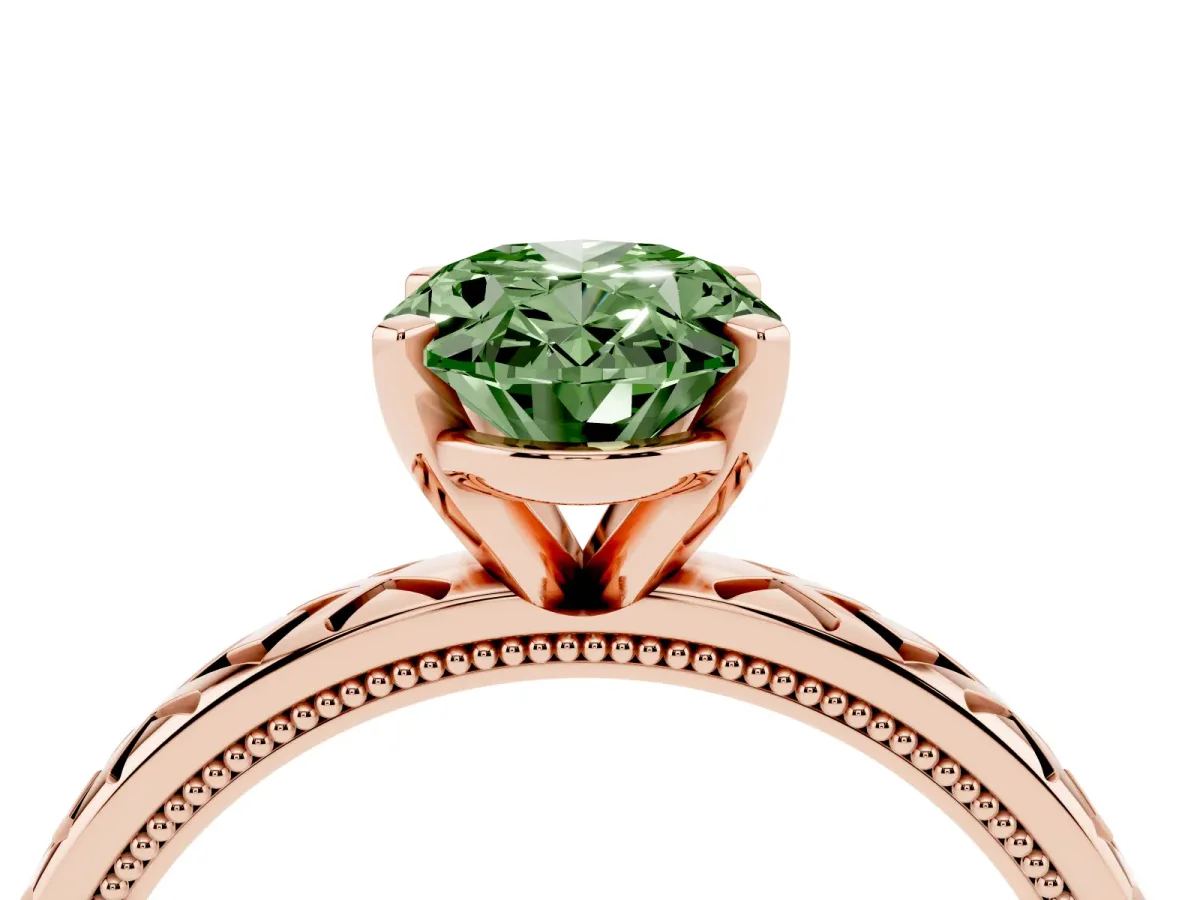 Fancy Green Oval Cut Solitaire Diamond Ring with Milgrain and Black Enamel X Pattern Band Rose gold